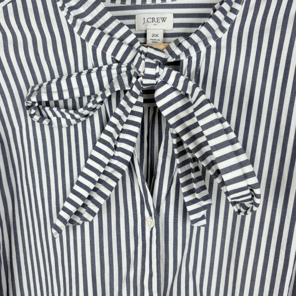 J.Crew Factory Blue & White Striped Bow Tie-Neck Button Down Blouse Sz 2X Preppy - Picture 8 of 11